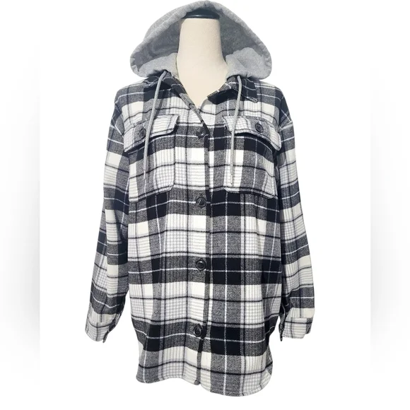 Women’s Plaid Hooded Shacket Jacket Button Up Gray Black Size Medium - Picture 3 of 11